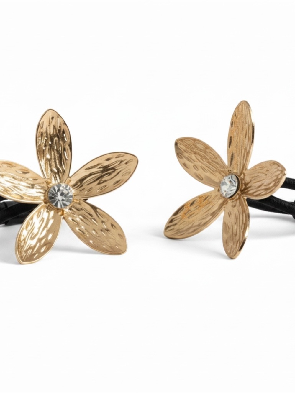 Mint Gold Tone Hammered Flower Hair Ties with Clear Gem Centers Pack of 2
